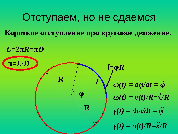 Отступаем, но не сдаемся Короткое отступление про круговое движение.  R RL =2 π