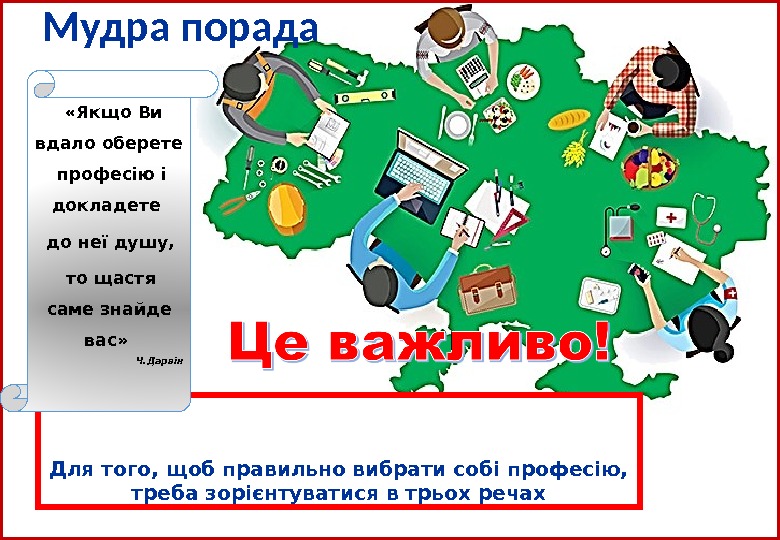 Мудра порада Для того, щоб правильно вибрати собі професію,  треба зорієнтуватися в трьох