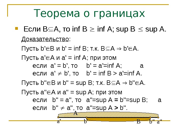 Теорема о границах  Если В А, то inf В  inf А; sup