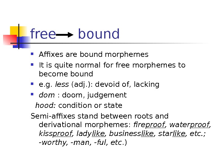 free bound Affixes are bound morphemes It is quite normal for free morphemes to