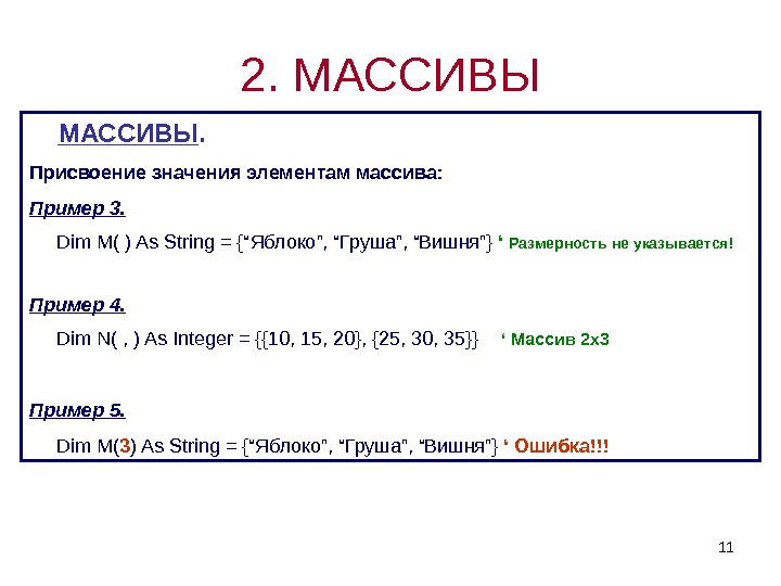 112.  МАССИВЫ. Присвоение значения элементам массива: Пример 3.  Dim M( ) As