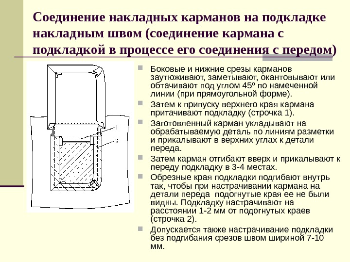 Соединение накладных карманов на подкладке накладным швом (соединение кармана с подкладкой в процессе его