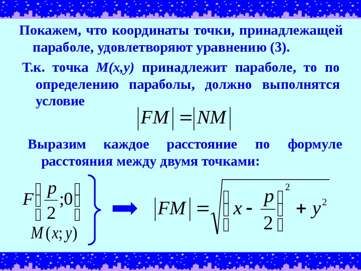 Покажем,  что координаты точки,  принадлежащей параболе, удовлетворяют уравнению (3). Т. к. 