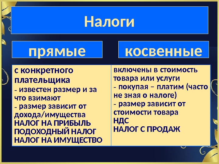 прямые косвенные. Налоги с конкретного плательщика -  известен размер и за что взимают