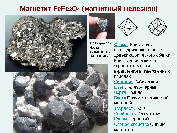 Магнетит Fe. Fe 2 O 4 ( магнитный железняк) Форма  Кристаллы окта-эдрического, реже
