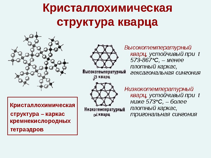 Кристаллохимическая структура кварца  Кристаллохимическая  структура – каркас кремнекислородных  тетраэдров  Высокотемпературный