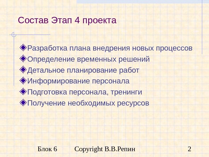 Блок 6 Copyright В. В. Репин 2 Состав Этап 4 проекта Разработка плана внедрения