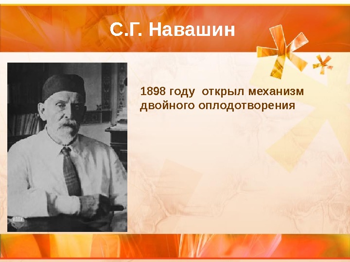 С. Г. Навашин 1898 году открыл механизм двойного оплодотворения 
