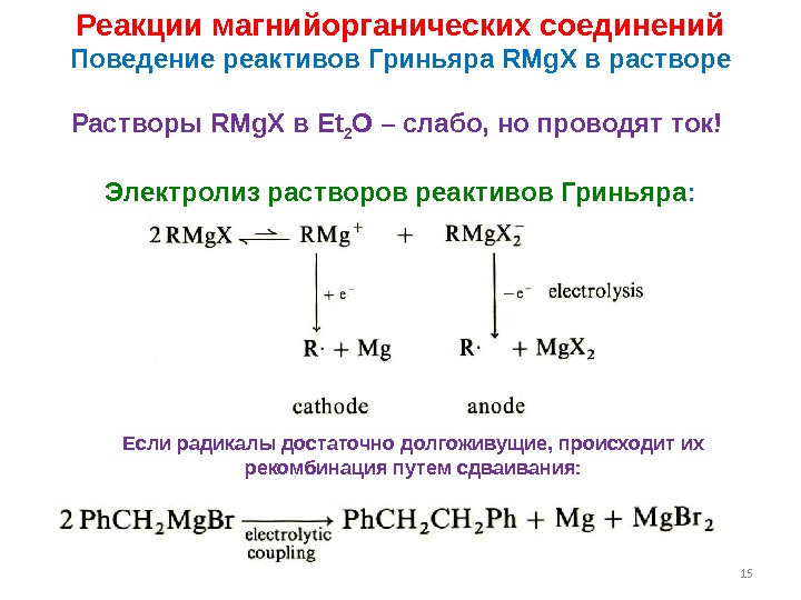 15 Реакции магнийорганических соединений Поведение реактивов  Гриньяра RMg. X в растворе Растворы RMg.