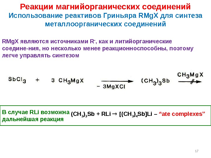 17 Реакции магнийорганических соединений Использование реактивов  Гриньяра RMg. X для синтеза металлоорганических соединений