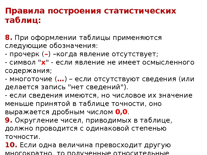 Правила построения статистических таблиц: 8.  При оформлении таблицы применяются следующие обозначения: - прочерк