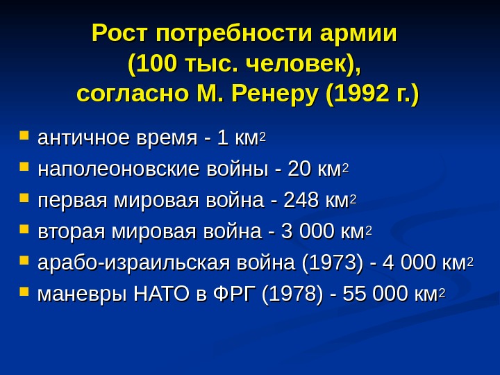   Рост потребности армии (100 тыс. человек),  согласно М. Ренеру (1992 г.