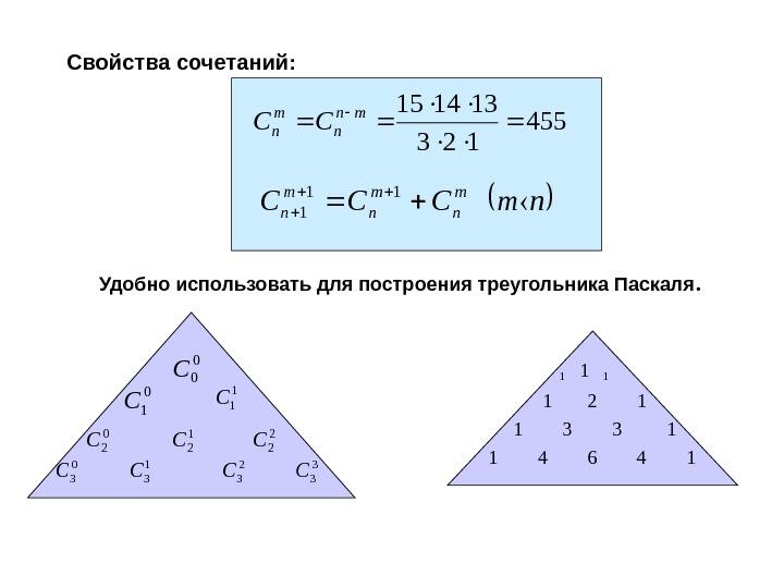   Свойства сочетаний:  Удобно использовать для построения треугольника Паскаля.   