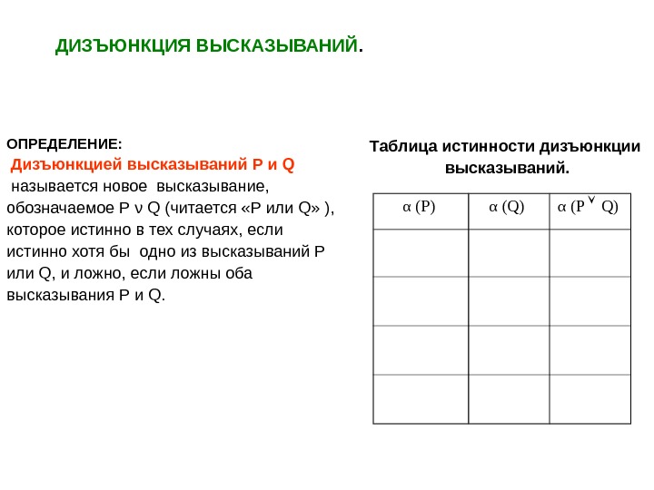   ДИЗЪЮНКЦИЯ ВЫСКАЗЫВАНИЙ. ОПРЕДЕЛЕНИЕ:  Дизъюнкцией высказываний Р и Q  называется новое