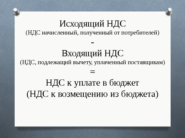 Исходящий НДС (НДС начисленный, полученный от потребителей) - Входящий НДС (НДС, подлежащий вычету, уплаченный