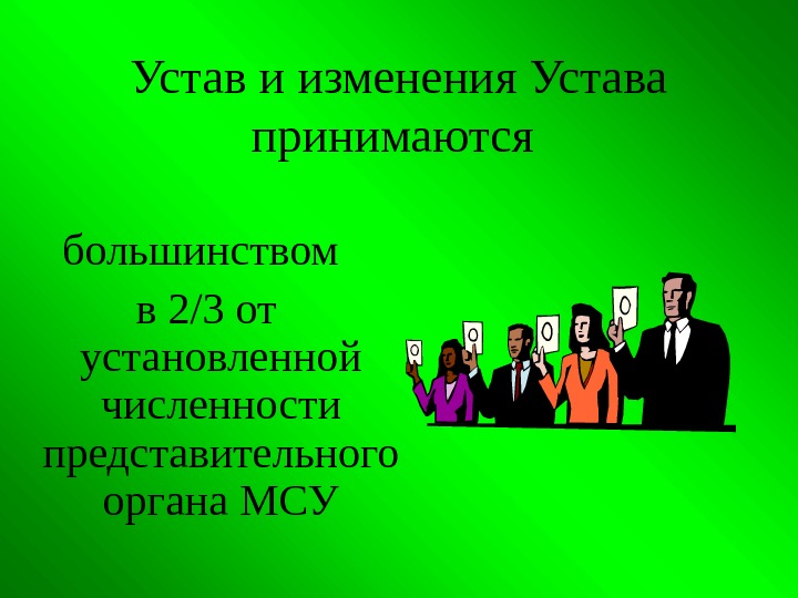 Устав и изменения Устава принимаются большинством в 2 /3 от установленной численности представительного органа