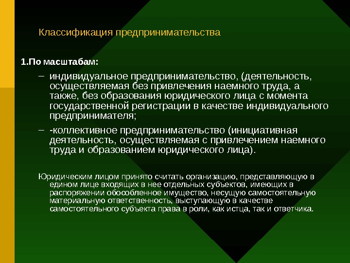   Классификация предпринимательства 1. По масштабам: – индивидуальное предпринимательство, (деятельность,  осуществляемая без