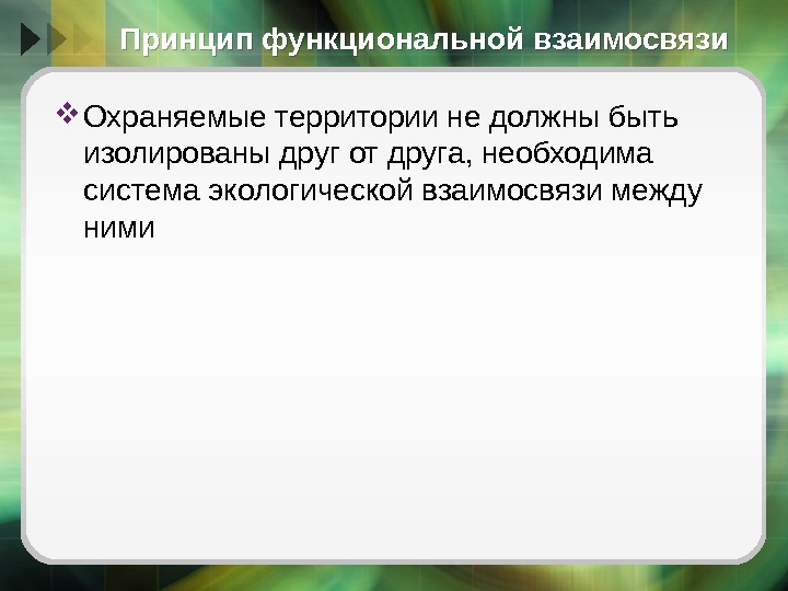 Принцип функциональной взаимосвязи Охраняемые территории не должны быть изолированы друг от друга, необходима система