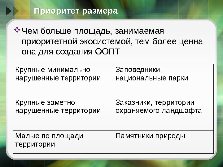 Приоритет размера Чем больше площадь, занимаемая приоритетной экосистемой, тем более ценна она для создания