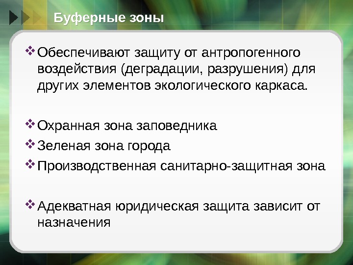 Буферные зоны Обеспечивают защиту от антропогенного воздействия (деградации, разрушения) для других элементов экологического каркаса.