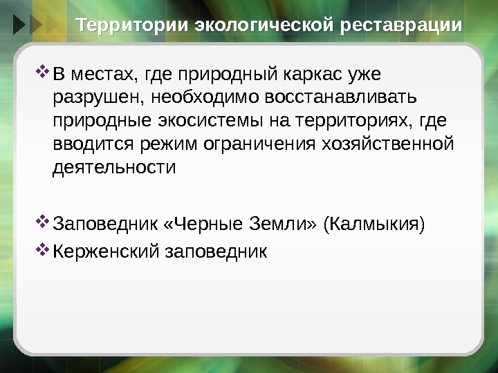 Территории экологической реставрации В местах, где природный каркас уже разрушен, необходимо восстанавливать природные экосистемы