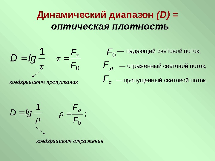   Динамический диапазон  (D)  = оптическая плотность  1 lg. D