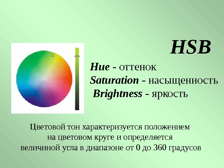   HSB Hue - оттенок Saturation - насыщенность  Brightness - яркость Цветовой