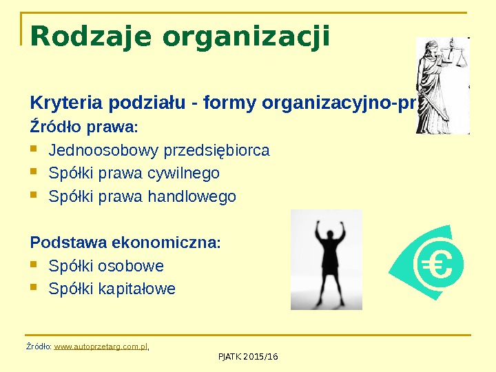 PJATK 2015/16 Rodzaje organizacji Kryteria podziału - formy organizacyjno-prawne Źródło prawa:  Jednoosobowy przedsiębiorca