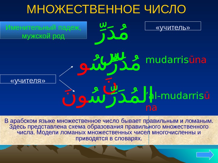 МНОЖЕСТВЕННОЕ ЧИСЛО Именительный падеж, мужской род س ر ر دم و ن ’ al-mudarris