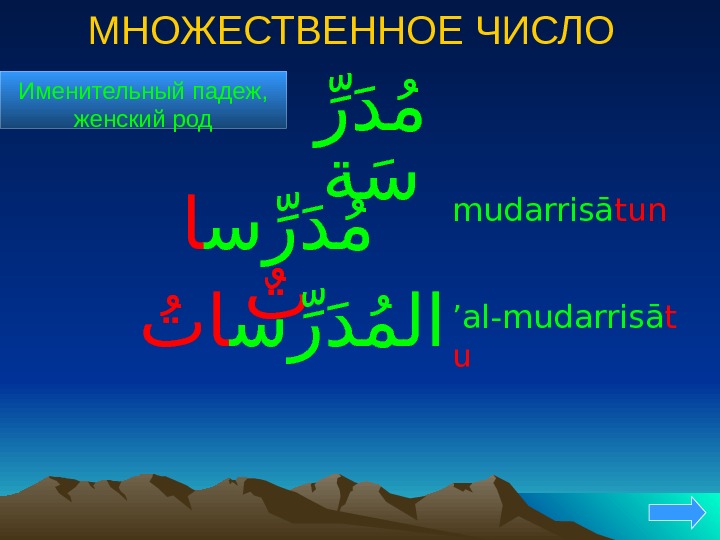 МНОЖЕСТВЕННОЕ ЧИСЛО Именительный падеж, женский род سرر دم ا ت ’ al-mudarrisā t uر