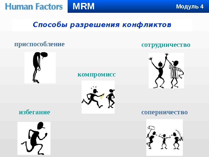 Способы разрешения конфликтов приспособление избегание компромисс соперничествосотрудничество. MRM Модуль 4 