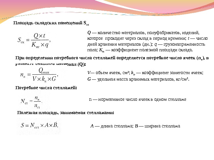 Площадь складских помещений S ск Q — количество материалов, полуфабрикатов, изделий,  которое проходит