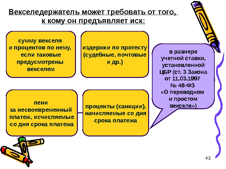 42 Векселедержатель может требовать от того,  к кому он предъявляет иск: сумму векселя