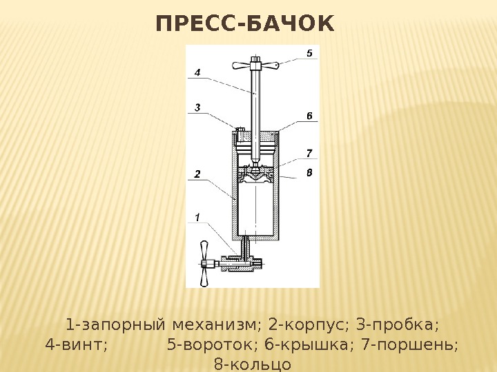 ПРЕСС-БАЧОК 1 -запорный механизм; 2 -корпус; 3 -пробка; 4 -винт; 5 -вороток; ПРЕСС-БАЧОК 1 -запорный механизм; 2 -корпус; 3 -пробка; 4 -винт; 5 -вороток;