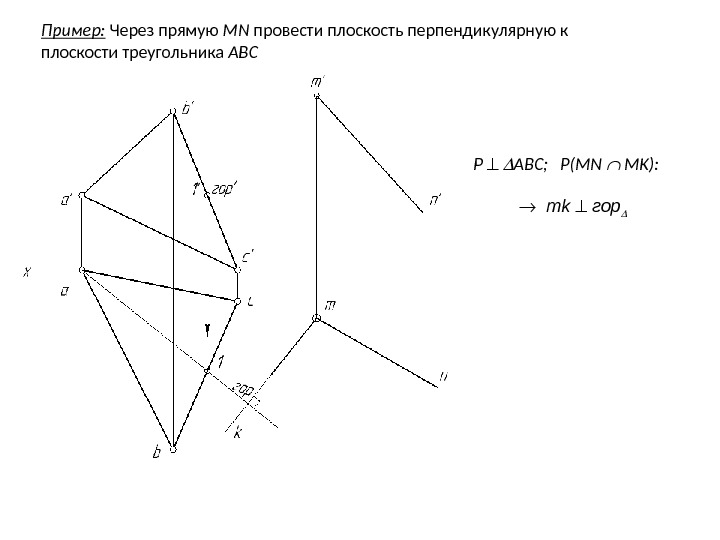 Пример:  Через прямую MN провести плоскость перпендикулярную к плоскости треугольника ABC P ABC;