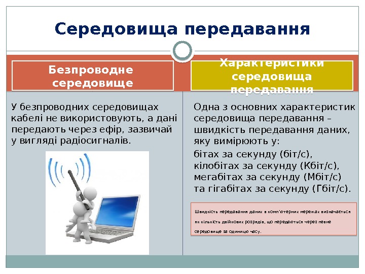 Характеристики середовища передавання У безпроводних середовищах кабелі не використовують, а дані передають через ефір,