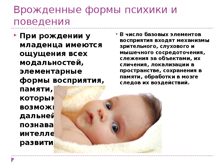 Врожденные формы психики и поведения При рождении у младенца имеются ощущения всех модальностей, 