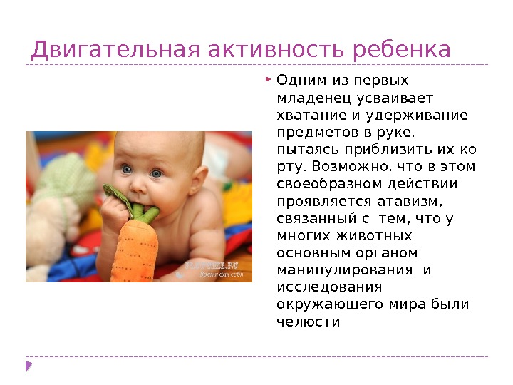 Двигательная активность ребенка Одним из первых младенец усваивает хватание и удерживание предметов в руке,