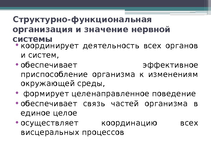 Структурно-функциональная организация и значение нервной системы • координирует деятельность всех органов и систем, 