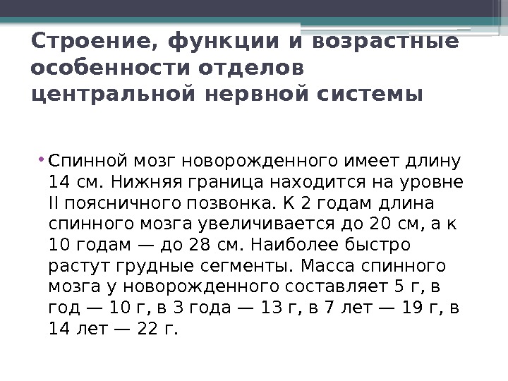 Строение, функции и возрастные особенности отделов центральной нервной системы  • Спинной мозг новорожденного