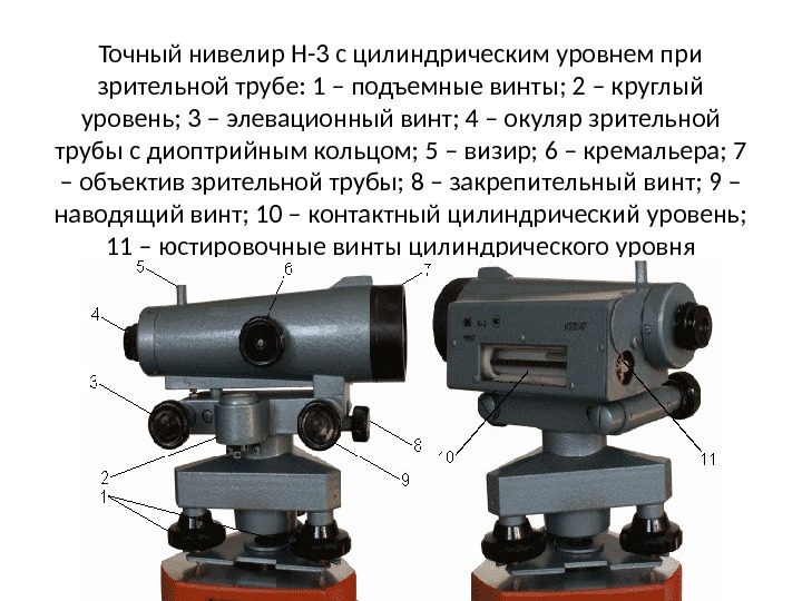 Точный нивелир Н-3 с цилиндрическим уровнем при зрительной трубе: 1 – подъемные винты; 2
