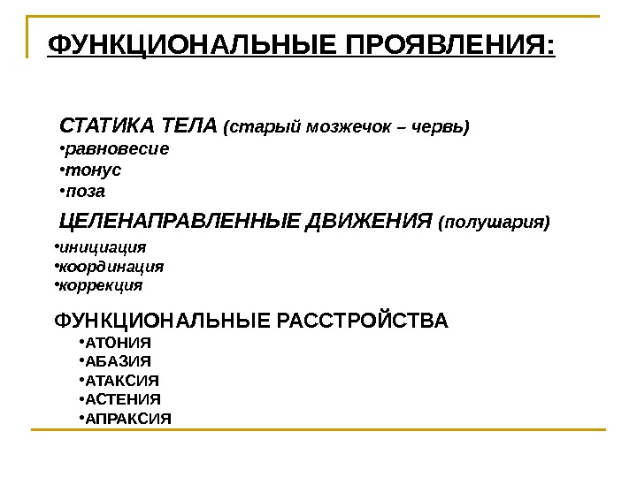 ФУНКЦИОНАЛЬНЫЕ ПРОЯВЛЕНИЯ: СТАТИКА ТЕЛА (старый мозжечок – червь) • равновесие • тонус • поза