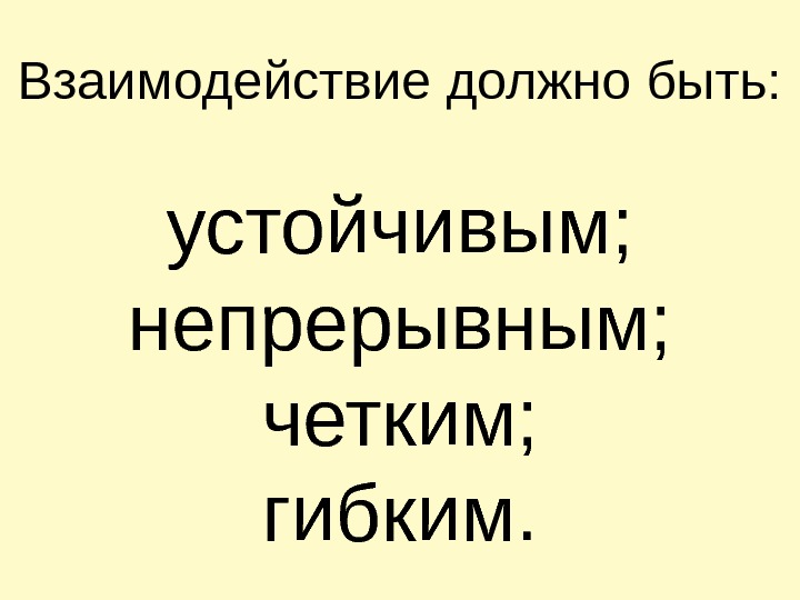 Взаимодействие должно быть: устойчивым; непрерывным; четким; гибким. 