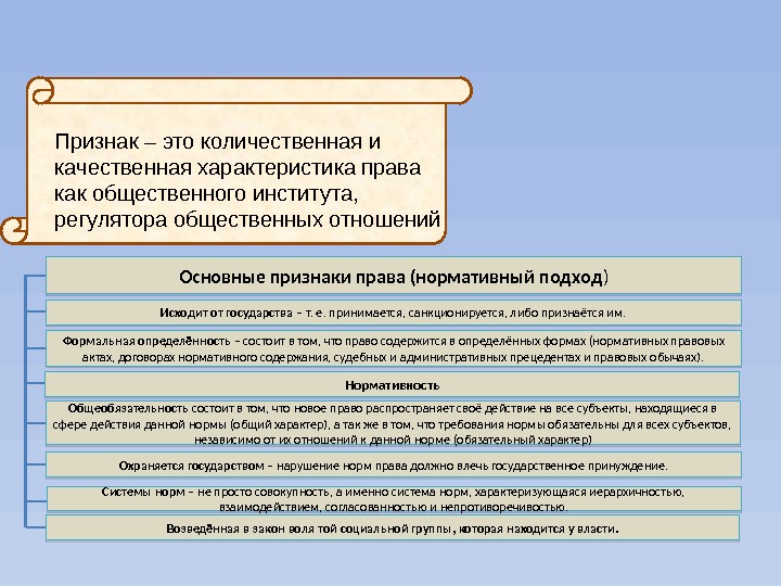 Признак – это количественная и качественная характеристика права как общественного института, регулятора общественных отношений