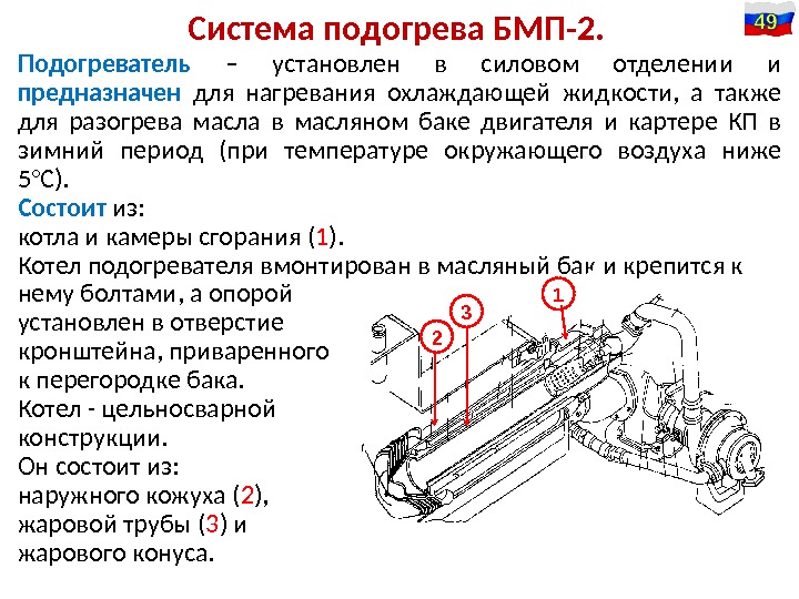 Система подогрева БМП-2. Подогреватель  – установлен в силовом отделении и предназначен  для