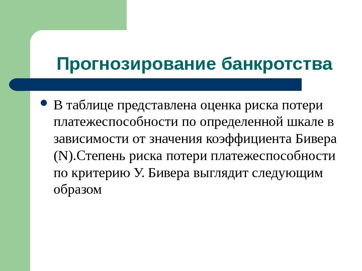 Прогнозирование банкротства Втаблицепредставленаоценкарискапотери платежеспособностипоопределеннойшкалев зависимостиотзначениякоэффициента. Бивера (N). Степеньрискапотериплатежеспособности покритерию. У. Биверавыглядитследующим образом  