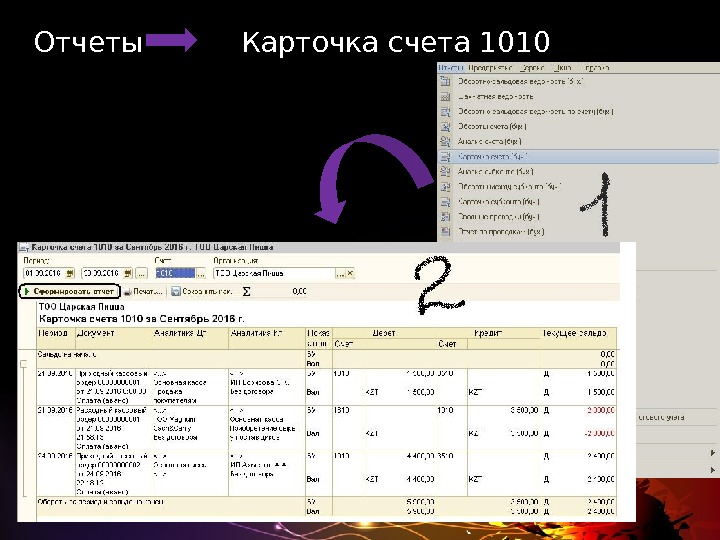  Отчеты  Карточка счета 1010 