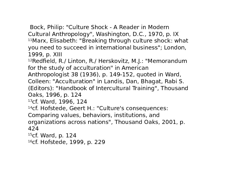  Bock, Philip: Culture Shock - A Reader in Modern Cultural Anthropology, Washington, D.