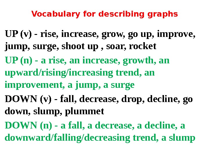 Vocabulary for describing graphs UP (v) - rise, increase, grow, go up, improve, 