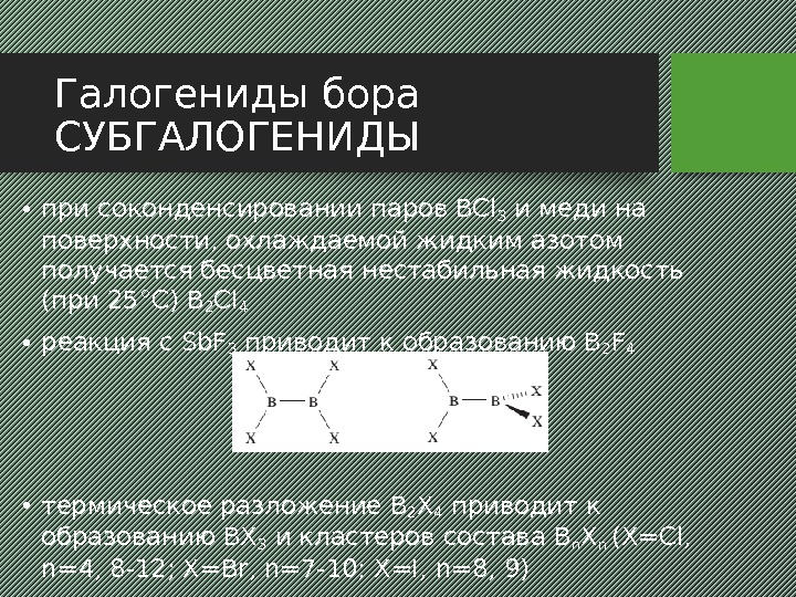 Галогениды бора СУБГАЛОГЕНИДЫ • при соконденсировании паров BCl 3 и меди на поверхности, охлаждаемой